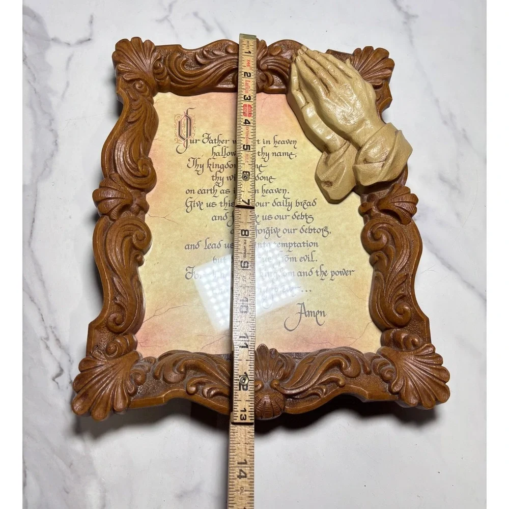 Vintage Lords Prayer Wall Plaque 3D Praying Hands Ornate Faux Wood Frame 12.5in